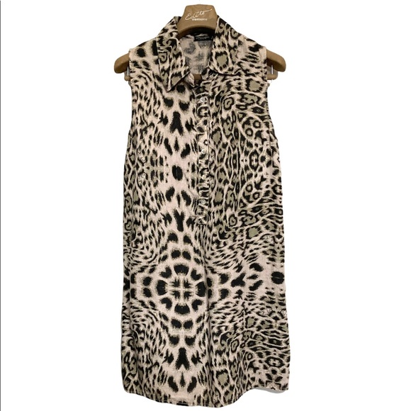 🔥SM•LUNGO L’ARNO•100% LINEN MADE IN ITALY LEOPARD PRINT COLLARED MIDI DRESS🔥 - Picture 1 of 9